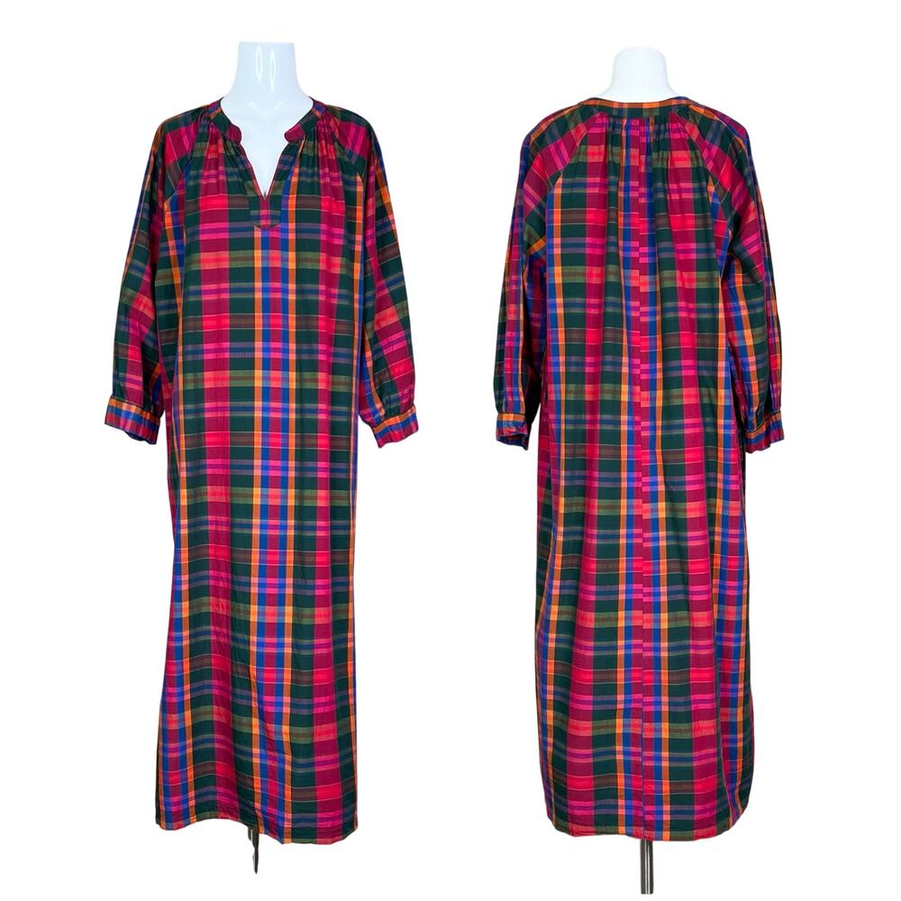 Sunshine Tienda | Colorful Plaid Cotton Midi Dress Side Slit Long Sleeve XL